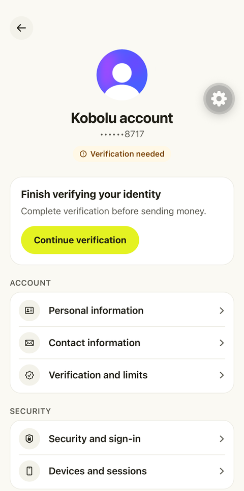 Kobolu Profile screen: verification status, account, and security settings