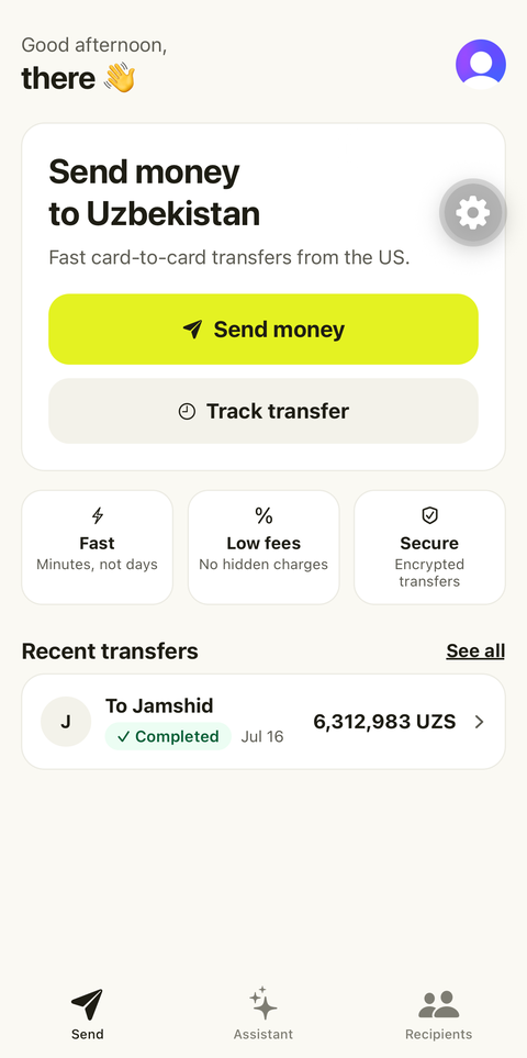 Kobolu Send screen: Send money to Uzbekistan with the send button, trust markers, and recent transfers